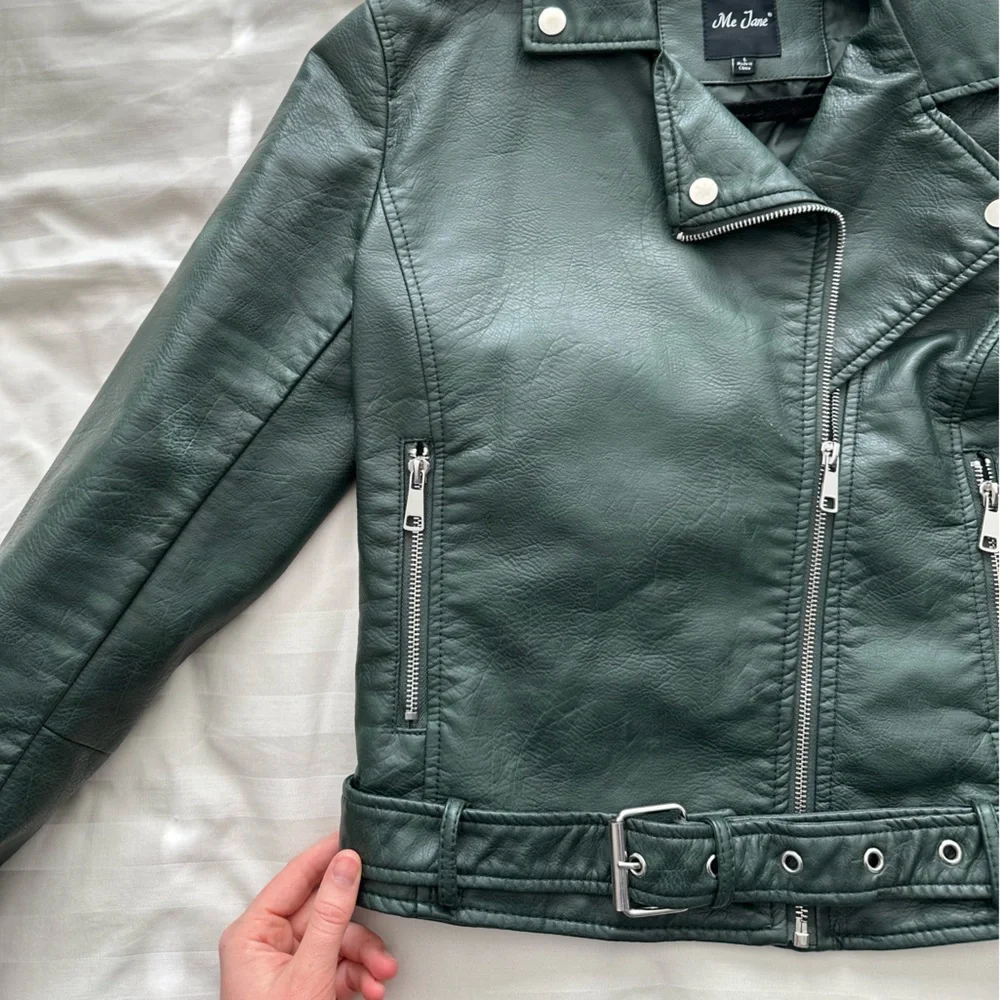 Dark Green Vegan Leather Moto Jacket - Picture 2 of 4